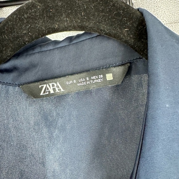 Zara Navy Satin Midi Faux Wrap Dress Button Slit Long Sleeve Navy Blue small - Picture 8 of 8